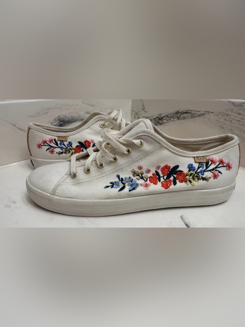 Rifle Paper Co. White Canvas Sneakers with Multicolor Floral Embroidery